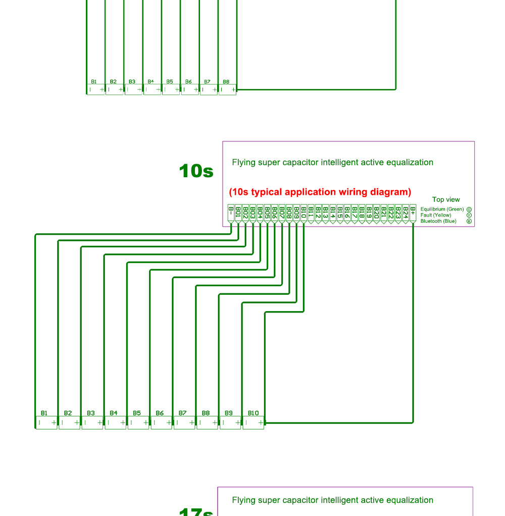 8S and 10S packs — taps run B1 to B8 / B10, with B– on the pack negative and B+ on the pack positive.